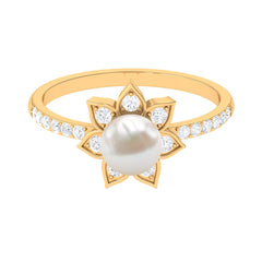 Freshwater Pearl Solitaire Floral Engagement Ring with Diamond