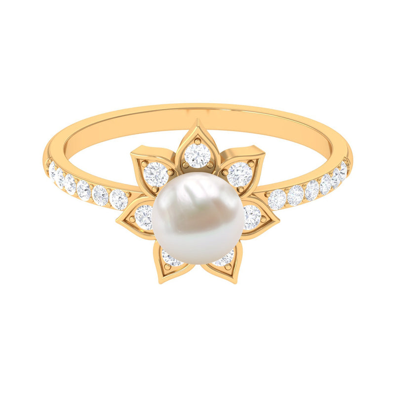 Freshwater Pearl Solitaire Floral Engagement Ring with Diamond