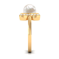 Round Freshwater Pearl Solitaire Cuff Ring with Diamond