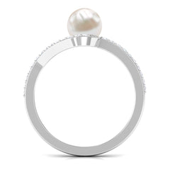 Pure Freshwater Pearl Minimal Bypass Engagement Ring with Diamond
