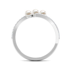 3/4 CT Three Stone Freshwater Pearl Bypass Ring with Diamond