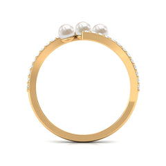 3/4 CT Three Stone Freshwater Pearl Bypass Ring with Diamond