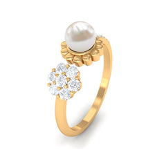 2.50 CT Freshwater Pearl and Diamond Flower Cuff Ring
