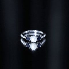 Pure Freshwater Pearl and Blue Sapphire Engagement Ring with Moissanite