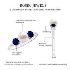 Pure Freshwater Pearl and Blue Sapphire Engagement Ring with Moissanite