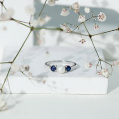 Pure Freshwater Pearl and Blue Sapphire Engagement Ring with Moissanite