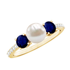 Pure Freshwater Pearl and Blue Sapphire Engagement Ring with Moissanite