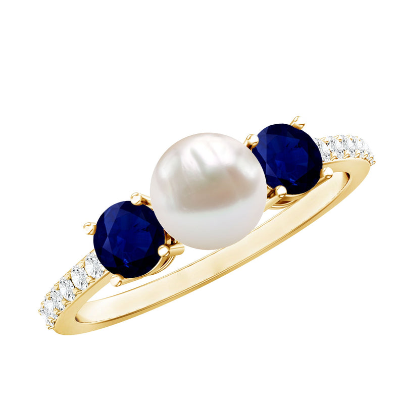 Pure Freshwater Pearl and Blue Sapphire Engagement Ring with Moissanite