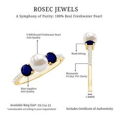 Pure Freshwater Pearl and Blue Sapphire Engagement Ring with Moissanite