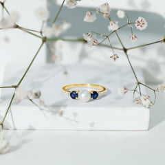 Pure Freshwater Pearl and Blue Sapphire Engagement Ring with Moissanite