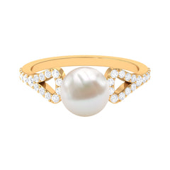Round Freshwater Pearl Solitaire Engagement Ring with Diamond