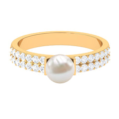 3 CT Freshwater Pearl Engagement Ring with Diamond Side Stones