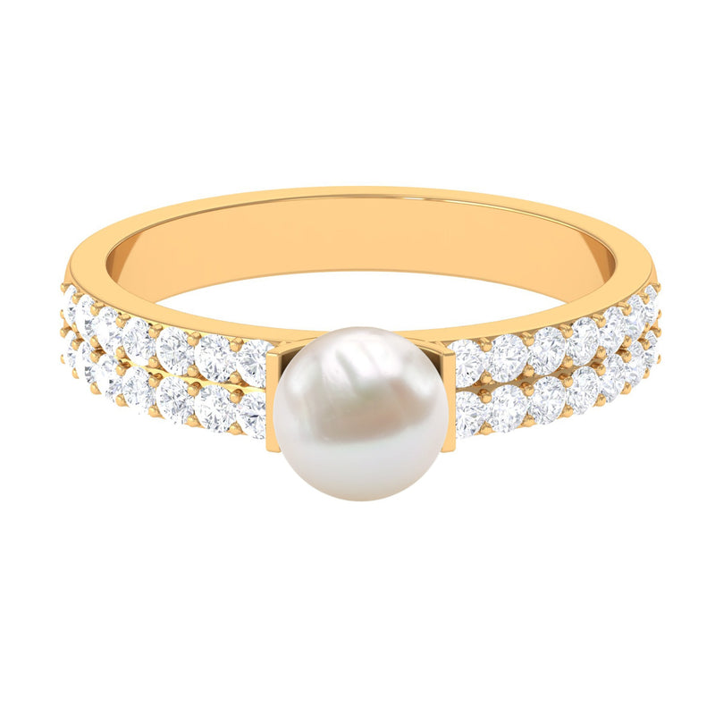 3 CT Freshwater Pearl Engagement Ring with Diamond Side Stones