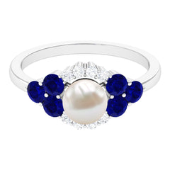 3.5 CT Freshwater Pearl Cocktail Ring with Blue Sapphire and Moissanite