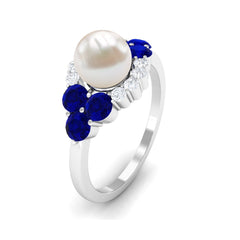 3.5 CT Freshwater Pearl Cocktail Ring with Blue Sapphire and Moissanite