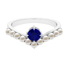 2 CT Solitaire Blue Sapphire and Freshwater Pearl Chevron Ring