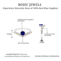 2 CT Solitaire Blue Sapphire and Freshwater Pearl Chevron Ring