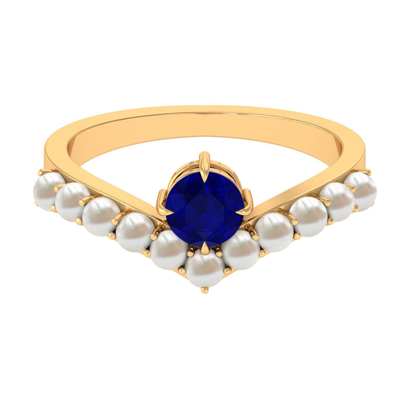 2 CT Solitaire Blue Sapphire and Freshwater Pearl Chevron Ring