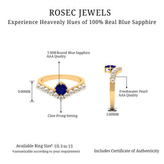 2 CT Solitaire Blue Sapphire and Freshwater Pearl Chevron Ring