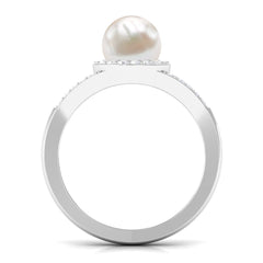 Split Shank Freshwater Pearl Engagement Ring with Diamond Halo