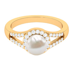 Split Shank Freshwater Pearl Engagement Ring with Diamond Halo