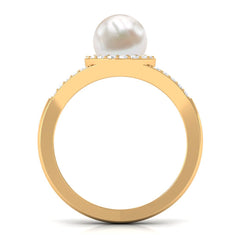 Split Shank Freshwater Pearl Engagement Ring with Diamond Halo