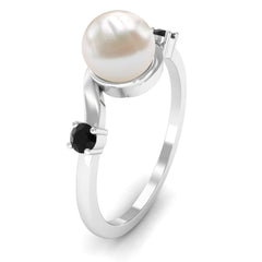 2 CT Freshwater Pearl Bypass Engagement Ring with Black Diamond