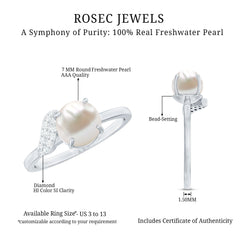 Classic Freshwater Pearl Solitaire Ring with Diamond Leaf