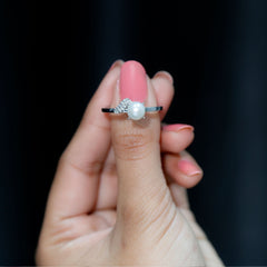Classic Freshwater Pearl Solitaire Ring with Diamond Leaf