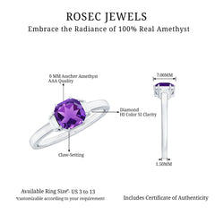 Claw Set Asscher Cut Amethyst Solitaire Ring with Diamond