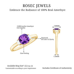 Claw Set Asscher Cut Amethyst Solitaire Ring with Diamond