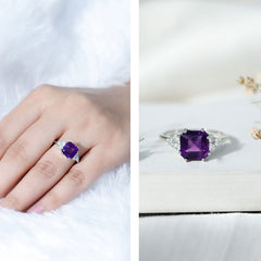 Asscher Solitaire Amethyst Engagement Ring with Diamond Trio