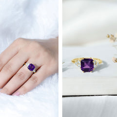 Asscher Solitaire Amethyst Engagement Ring with Diamond Trio