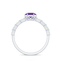 Asscher Amethyst Solitaire Engagement Ring with Diamond