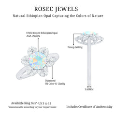 8mm Round Shape Ethiopian Opal Floral Engagement Ring with Diamond