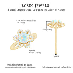 8mm Round Shape Ethiopian Opal Floral Engagement Ring with Diamond