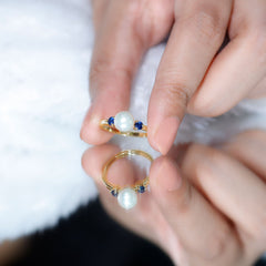 Freshwater Pearl Solitaire Engagement Ring with Blue Sapphire