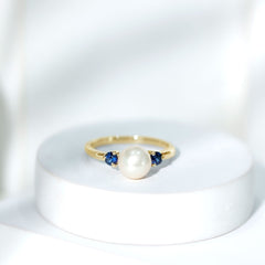 Freshwater Pearl Solitaire Engagement Ring with Blue Sapphire