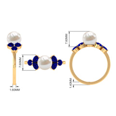 4.25 CT Real Freshwater Pearl Engagement Ring with Blue Sapphire Trio