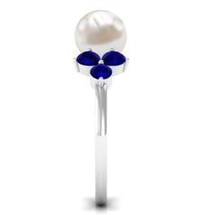 4.25 CT Real Freshwater Pearl Engagement Ring with Blue Sapphire Trio