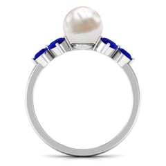 4.25 CT Real Freshwater Pearl Engagement Ring with Blue Sapphire Trio