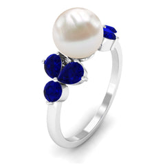 4.25 CT Real Freshwater Pearl Engagement Ring with Blue Sapphire Trio
