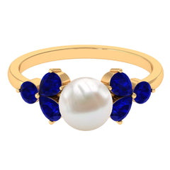 4.25 CT Real Freshwater Pearl Engagement Ring with Blue Sapphire Trio