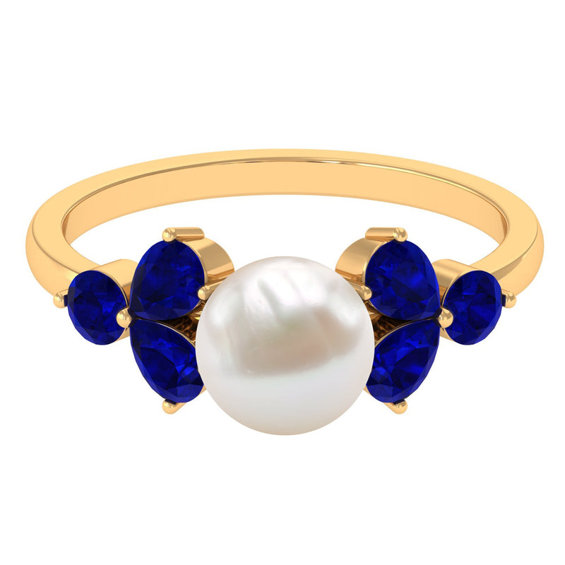 4.25 CT Real Freshwater Pearl Engagement Ring with Blue Sapphire Trio