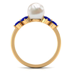 4.25 CT Real Freshwater Pearl Engagement Ring with Blue Sapphire Trio