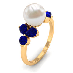 4.25 CT Real Freshwater Pearl Engagement Ring with Blue Sapphire Trio