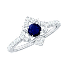 3/4 CT Minimal Blue Sapphire and Diamond Flower Ring