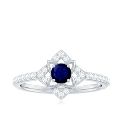 3/4 CT Minimal Blue Sapphire and Diamond Flower Ring