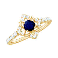 3/4 CT Minimal Blue Sapphire and Diamond Flower Ring