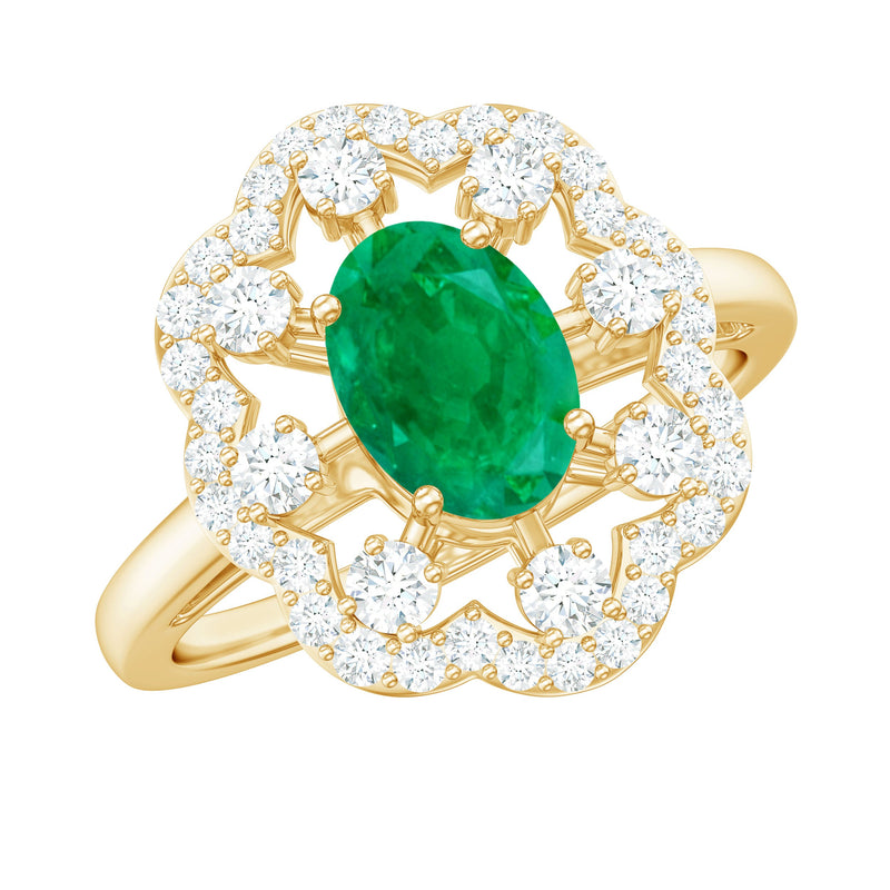 Vintage Looking Oval Emerald Designer Engagement Ring with Moissanite